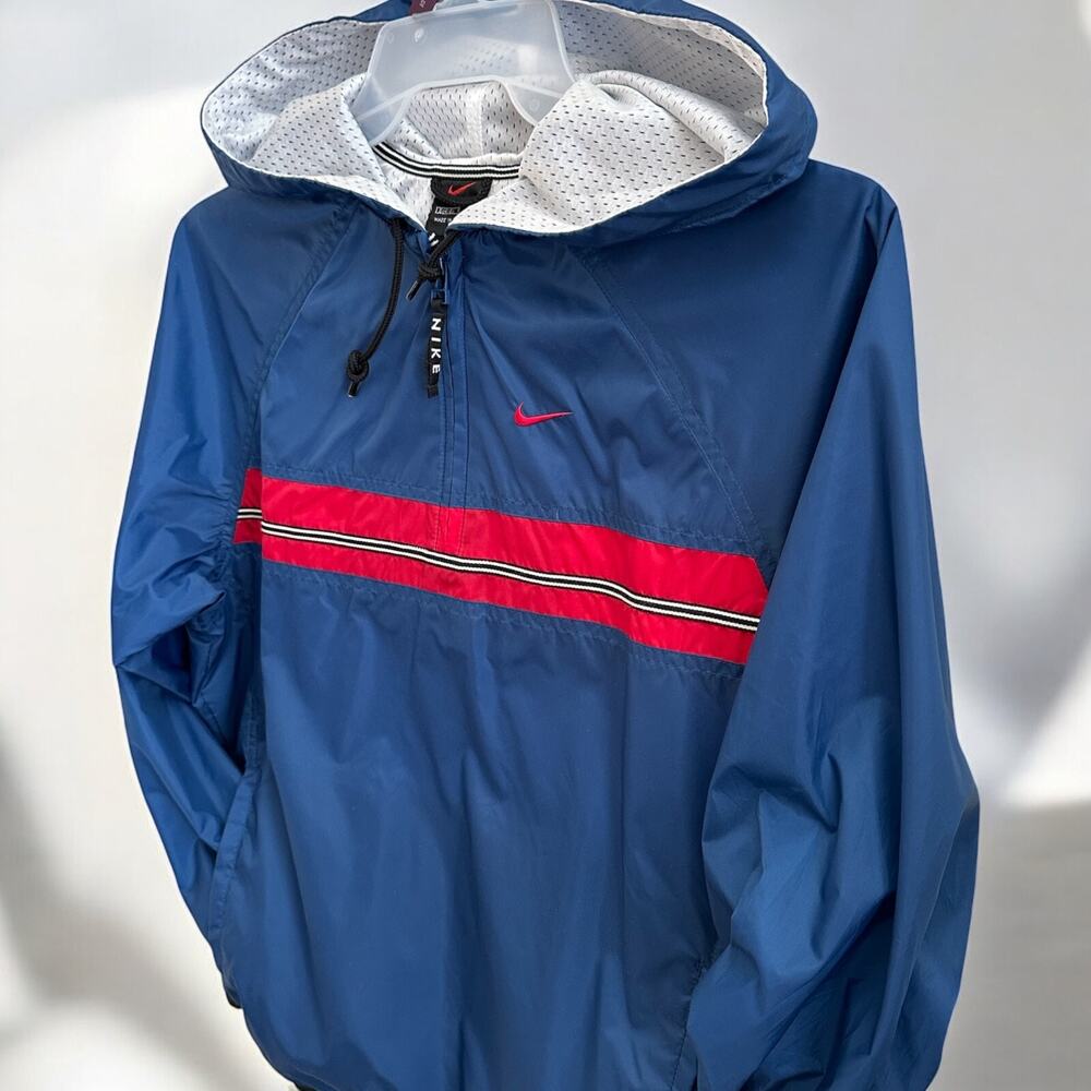 Nike Hooded Anorak Windbreaker Jacket Blue Red Half Zip Kangaroo Pocket Men's S